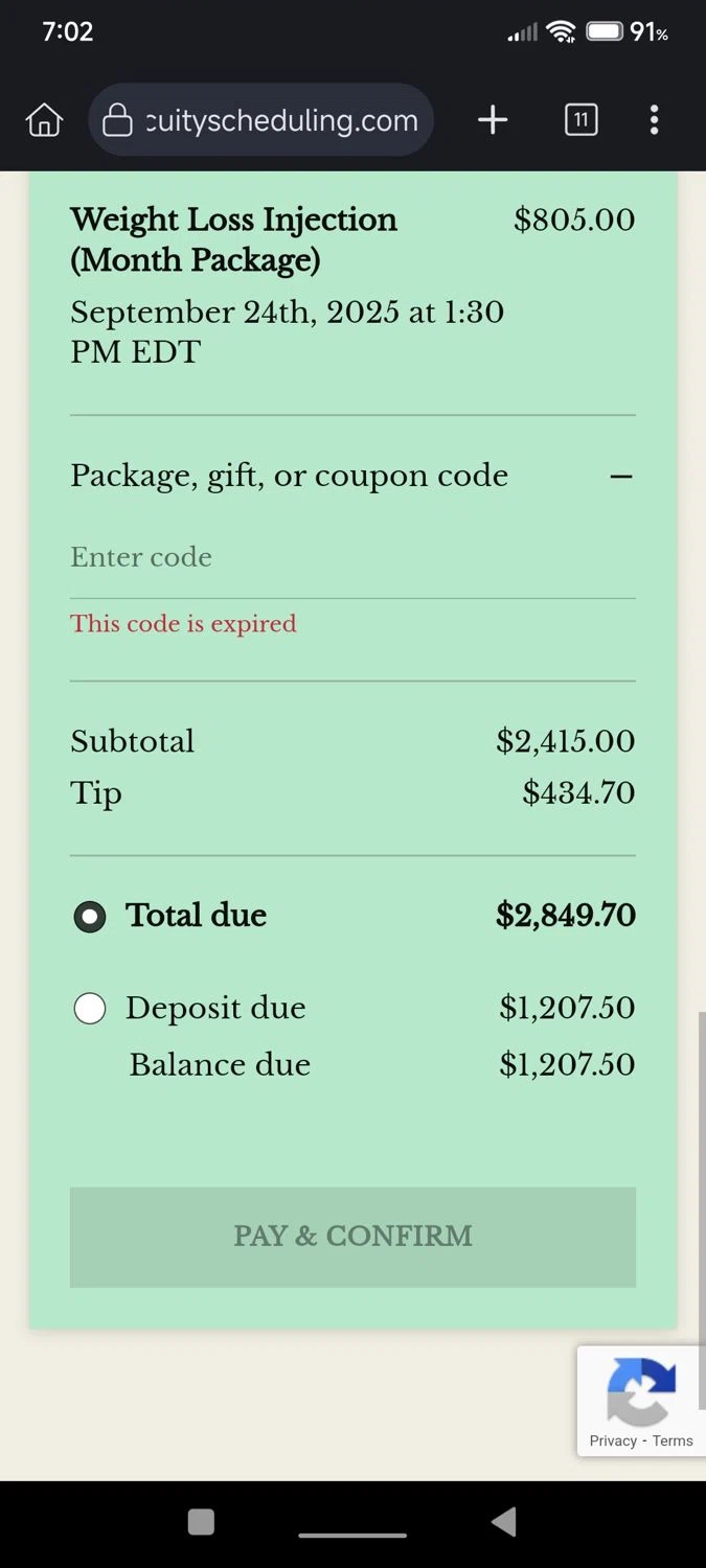Acuity Scheduling promo code screenshot showing code WEIGHTLOSS50 applied at Acuity Scheduling checkout page. Uploaded by SimplyCodes community member cuenta03 on Sep 24, 2025