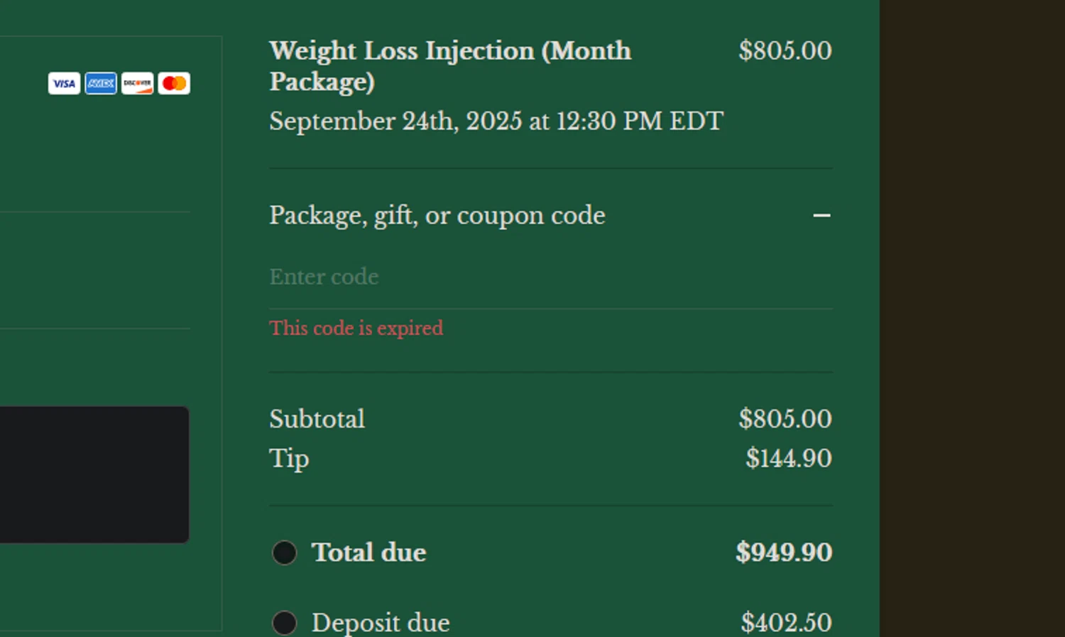 Acuity Scheduling promo code screenshot showing code WEIGHTLOSS50 applied at Acuity Scheduling checkout page. Uploaded by SimplyCodes community member xocelot44x on Sep 24, 2025