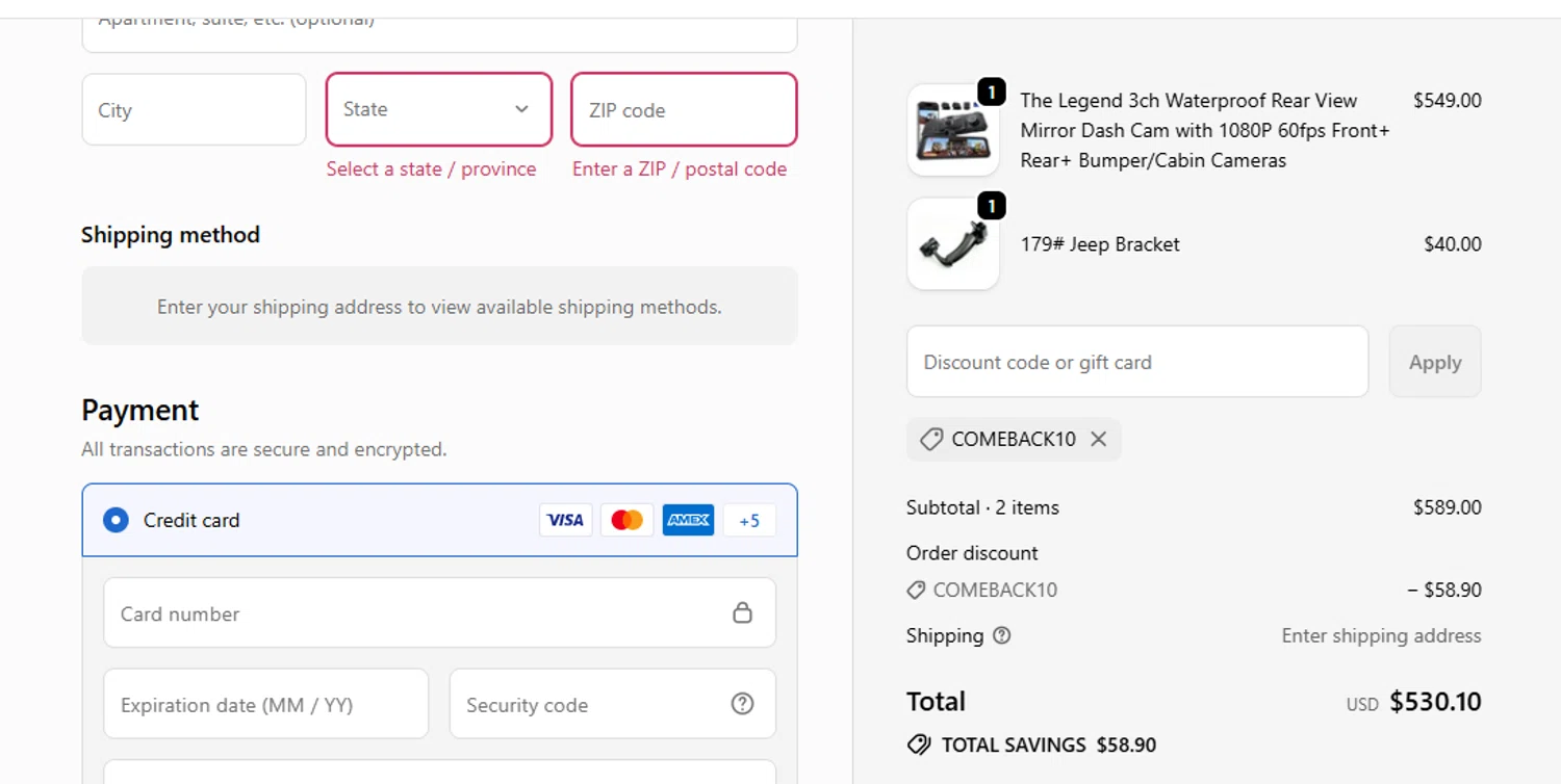 Acumen Camera promo code screenshot showing code COMEBACK10 applied at Acumen Camera checkout page. Uploaded by SimplyCodes community member yeresojperez on Sep 23, 2025