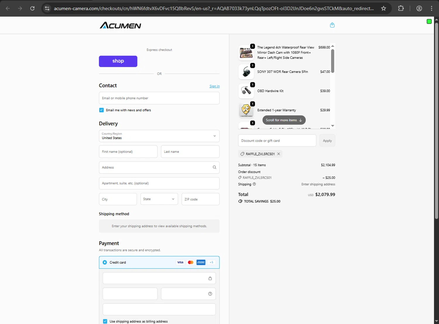 Acumen Camera promo code screenshot showing code RAFFLE_ZVL5RC501 applied at Acumen Camera checkout page. Uploaded by SimplyCodes community member ShrewdDefender8496 on Dec 21, 2025