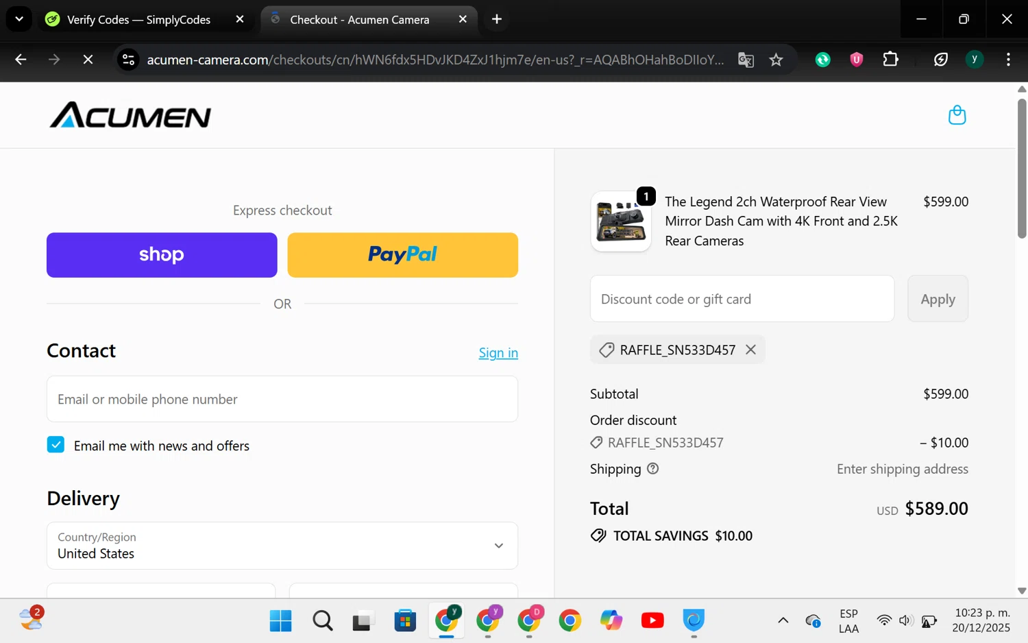 Acumen Camera promo code screenshot showing code RAFFLE_SN533D457 applied at Acumen Camera checkout page. Uploaded by SimplyCodes community member chespi on Dec 21, 2025