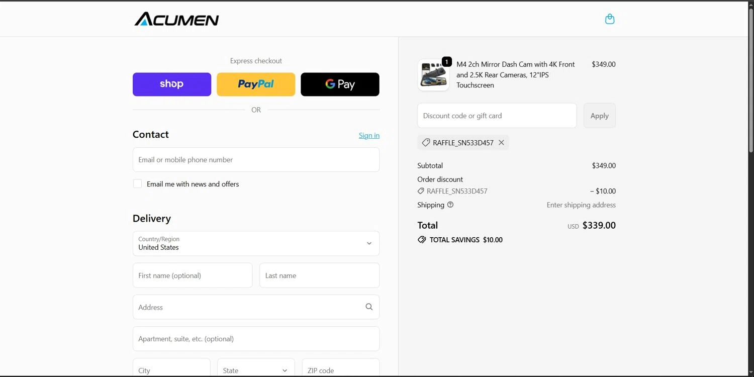 Acumen Camera promo code screenshot showing code RAFFLE_SN533D457 applied at Acumen Camera checkout page. Uploaded by SimplyCodes community member Depressive on Dec 11, 2025