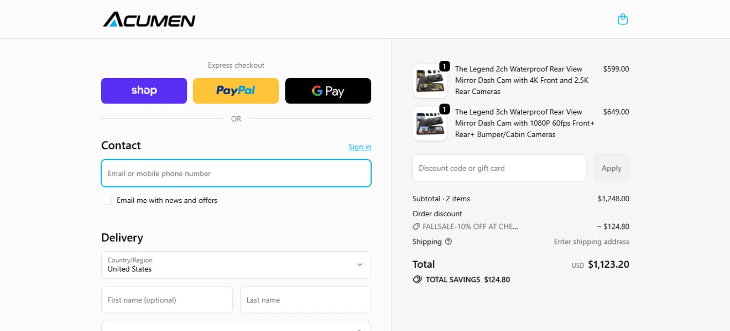 Acumen Camera promo code screenshot showing code FALLSALE-10% applied at Acumen Camera checkout page. Uploaded by SimplyCodes community member bettercallkim on Nov 1, 2025