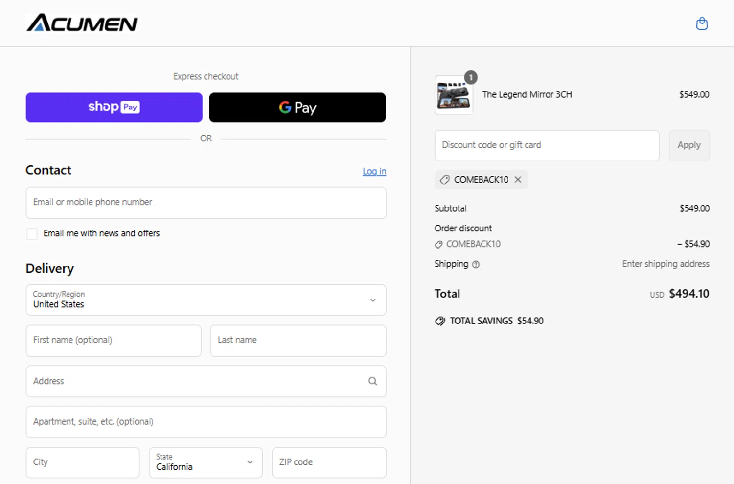 Acumen Camera promo code screenshot showing code COMEBACK10 applied at Acumen Camera checkout page. Uploaded by SimplyCodes community member gabrielponce on May 15, 2025