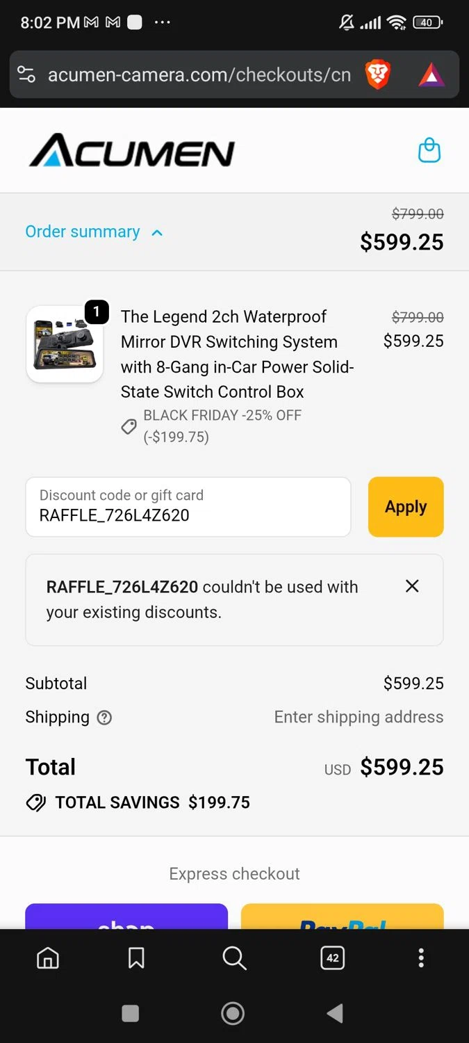 Acumen Camera promo code screenshot showing code RAFFLE_ZVL5RC501 applied at Acumen Camera checkout page. Uploaded by SimplyCodes community member josegarcia6 on Nov 28, 2025