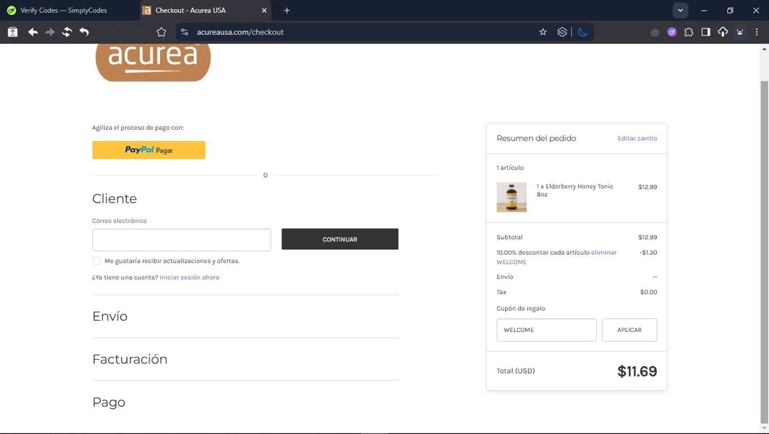 Acurea USA promo code screenshot showing code WELCOME applied at Acurea USA checkout page. Uploaded by SimplyCodes community member LegendaryCollector6259 on May 22, 2025