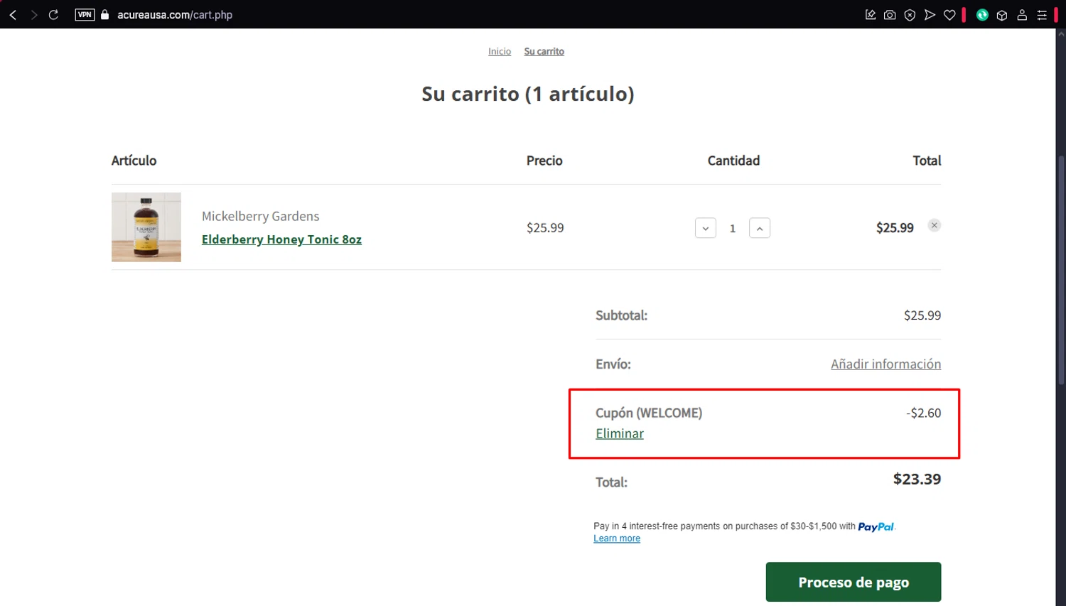 Acurea USA promo code screenshot showing code WELCOME applied at Acurea USA checkout page. Uploaded by SimplyCodes community member user1998 on Apr 11, 2025