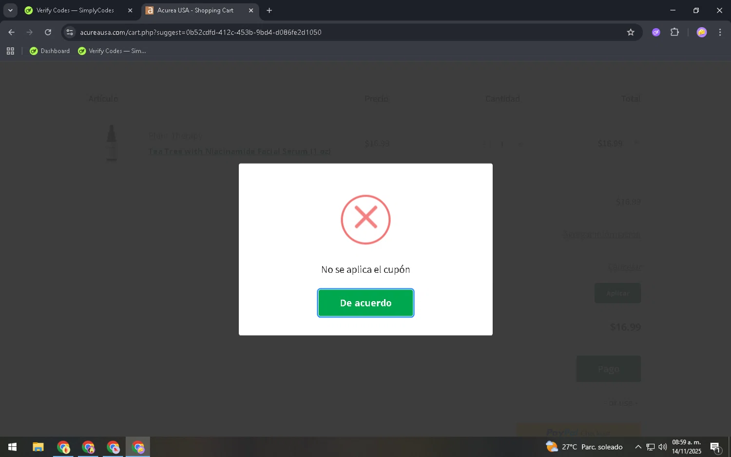 Acurea USA promo code screenshot showing code SHINY applied at Acurea USA checkout page. Uploaded by SimplyCodes community member SavingsRanger2502 on Nov 14, 2025