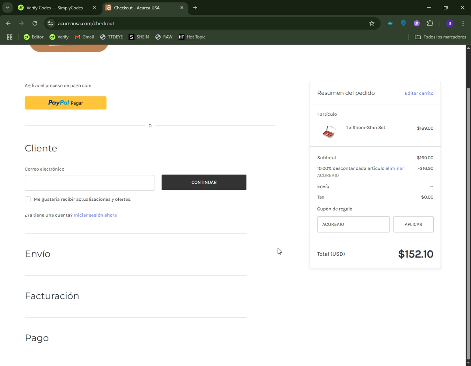 Acurea USA promo code screenshot showing code ACUREA10 applied at Acurea USA checkout page. Uploaded by SimplyCodes community member CapitanCentella on May 15, 2025