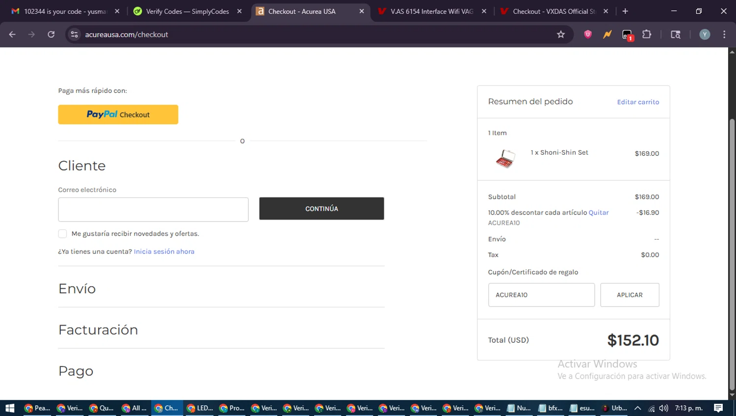 Acurea USA promo code screenshot showing code ACUREA10 applied at Acurea USA checkout page. Uploaded by SimplyCodes community member MoneyTiger5162 on Aug 10, 2025