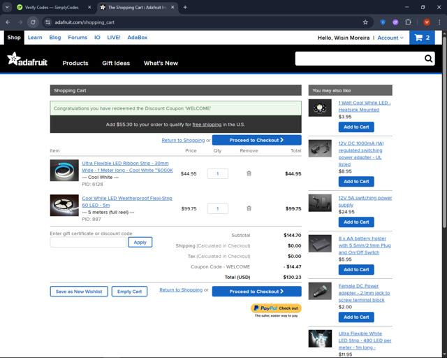 Adafruit checkout page showing Adafruit discount code box | Screenshot taken by SimplyCodes community member on Jul 30, 2025
