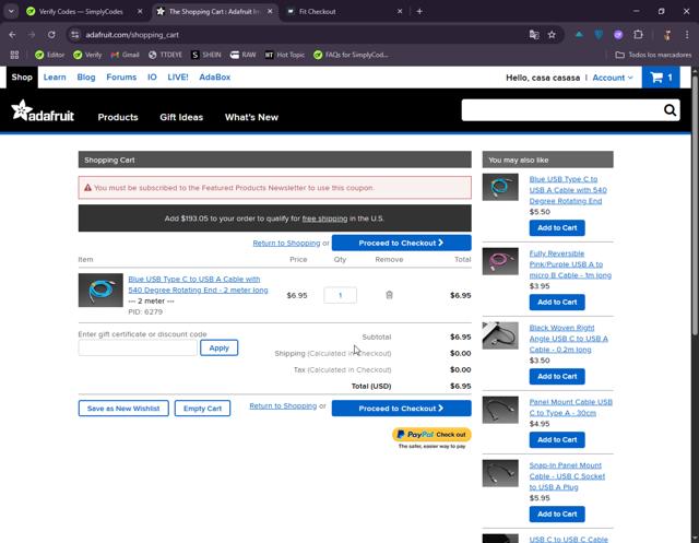 Adafruit checkout page showing Adafruit discount code box | Screenshot taken by SimplyCodes community member on May 21, 2025