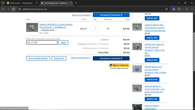 Adafruit checkout page showing Adafruit discount code box | Screenshot taken by SimplyCodes community member on Jun 18, 2025