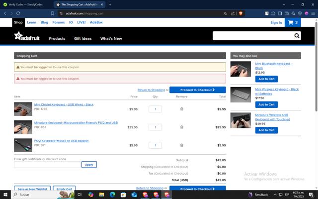 Adafruit checkout page showing Adafruit discount code box | Screenshot taken by SimplyCodes community member on Apr 7, 2025