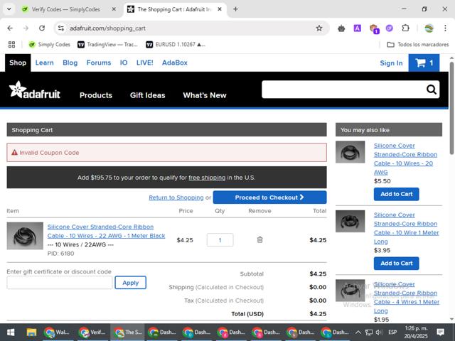 Adafruit checkout page showing Adafruit discount code box | Screenshot taken by SimplyCodes community member on Apr 20, 2025