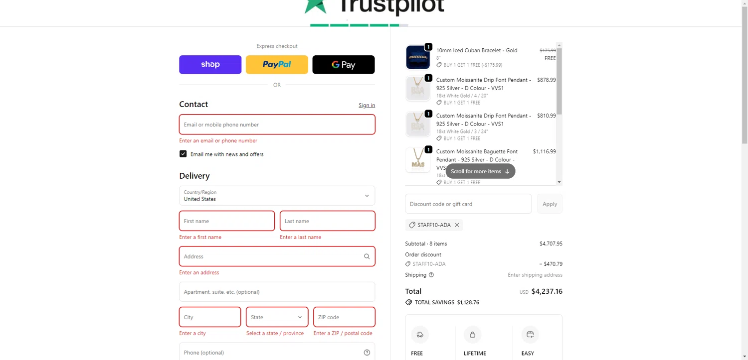 Adamans checkout page showing Adamans discount code box | Screenshot taken by SimplyCodes community member on Feb 17, 2026