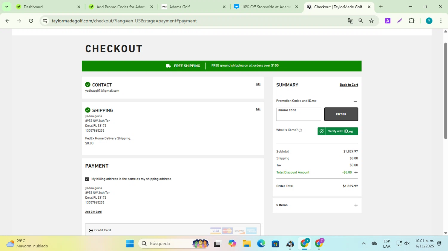 Adams Golf promo code screenshot showing code Adams10off applied at Adams Golf checkout page. Uploaded by SimplyCodes community member yadiracg074 on Nov 6, 2025
