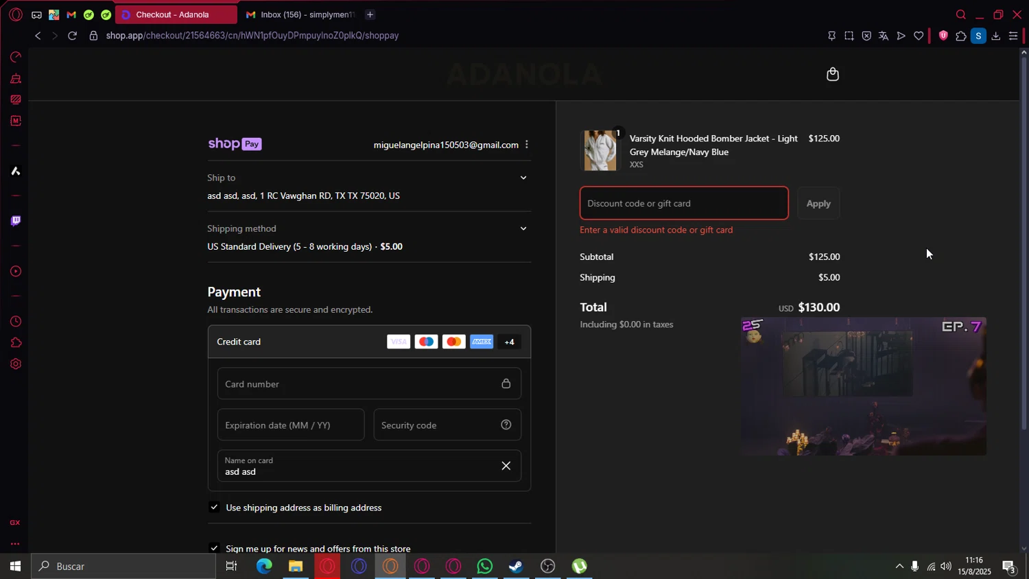 Adanola discount code screenshot showing code ADA10-CS2 applied at Adanola checkout page. Uploaded by SimplyCodes community member Roronoazoro on Aug 15, 2025