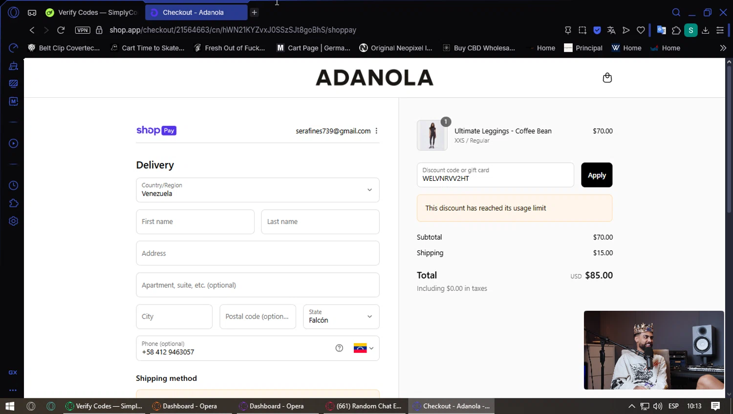 Adanola discount code screenshot showing code WELVNRVV2HT applied at Adanola checkout page. Uploaded by SimplyCodes community member PennyFox1280 on Aug 20, 2025