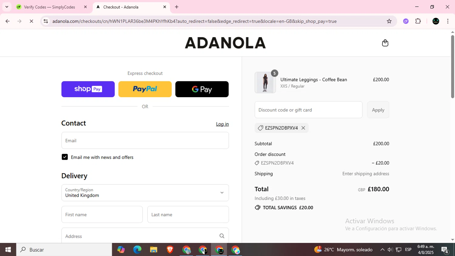 Adanola discount code screenshot showing code EZSPN2DBPXV4 applied at Adanola checkout page. Uploaded by SimplyCodes community member BargainWizard5755 on Aug 4, 2025