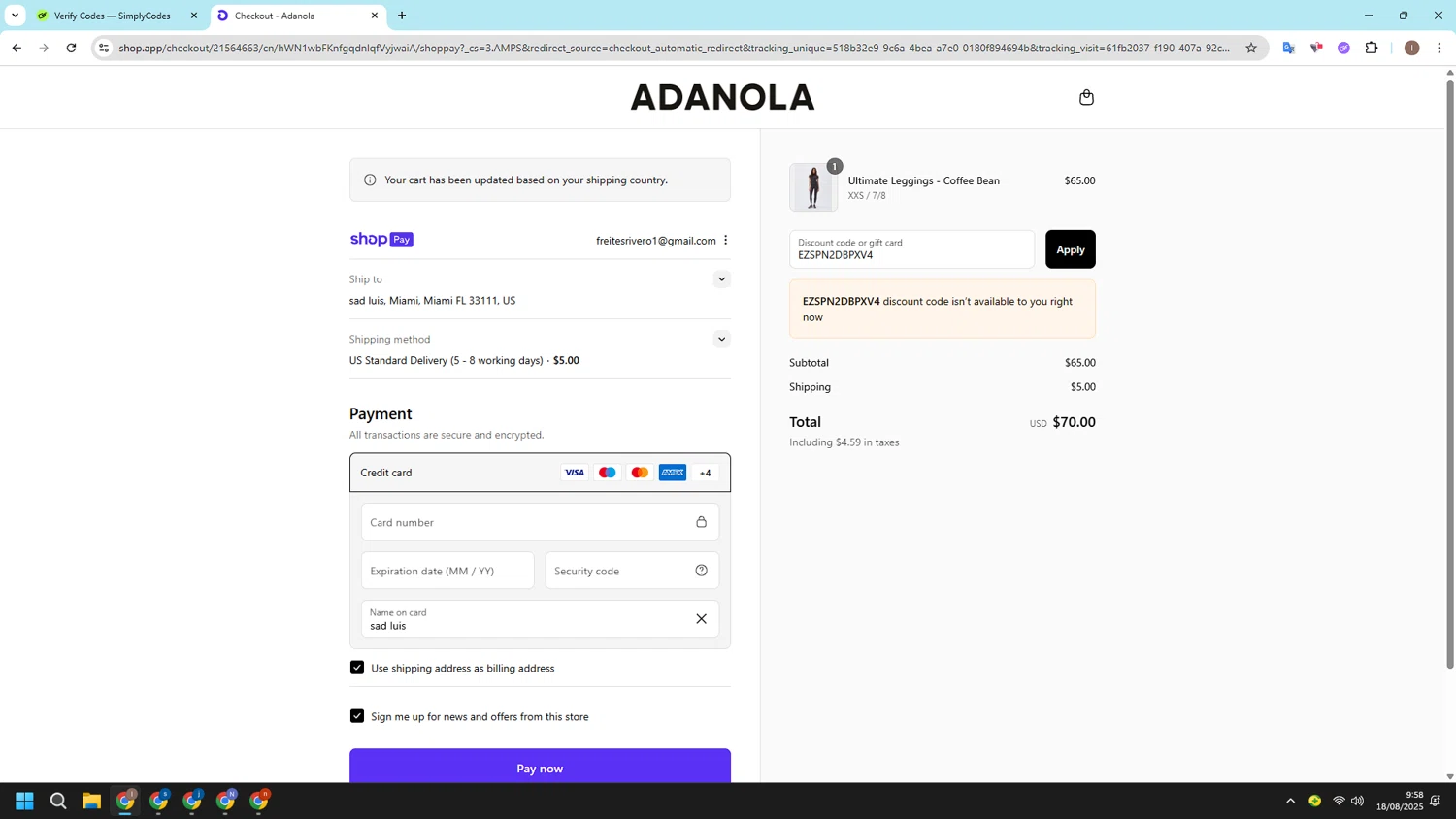 Adanola discount code screenshot showing code EZSPN2DBPXV4 applied at Adanola checkout page. Uploaded by SimplyCodes community member CashSleuth106 on Aug 18, 2025