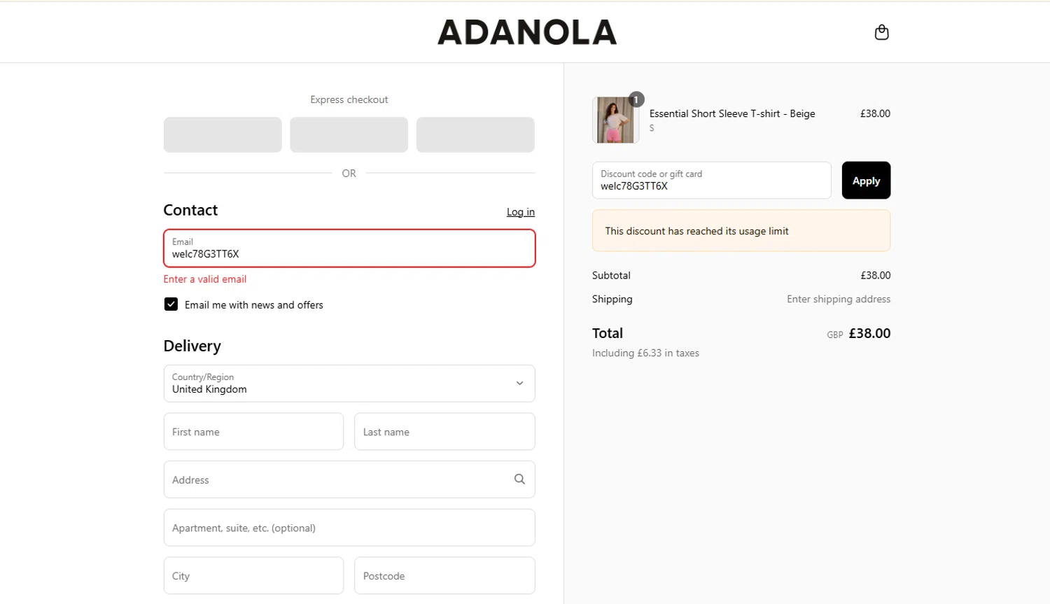 Adanola discount code screenshot showing code welc78G3TT6X applied at Adanola checkout page. Uploaded by SimplyCodes community member Marboroooooooooooo on Aug 16, 2025