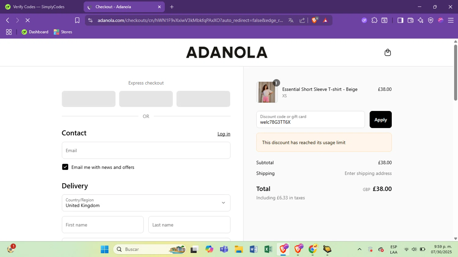 Adanola discount code screenshot showing code welc78G3TT6X applied at Adanola checkout page. Uploaded by SimplyCodes community member antoooooooooooooo on Jul 31, 2025