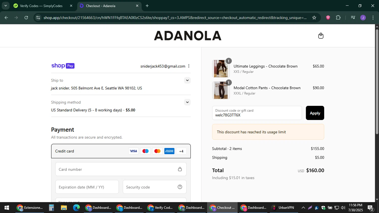 Adanola discount code screenshot showing code welc78G3TT6X applied at Adanola checkout page. Uploaded by SimplyCodes community member sniderjack453 on Jul 31, 2025