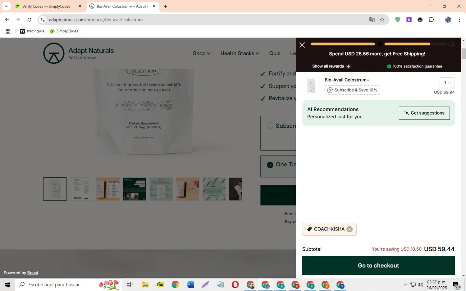 Adapt Naturals checkout page showing Adapt Naturals discount code box | Screenshot taken by SimplyCodes community member on Feb 26, 2025