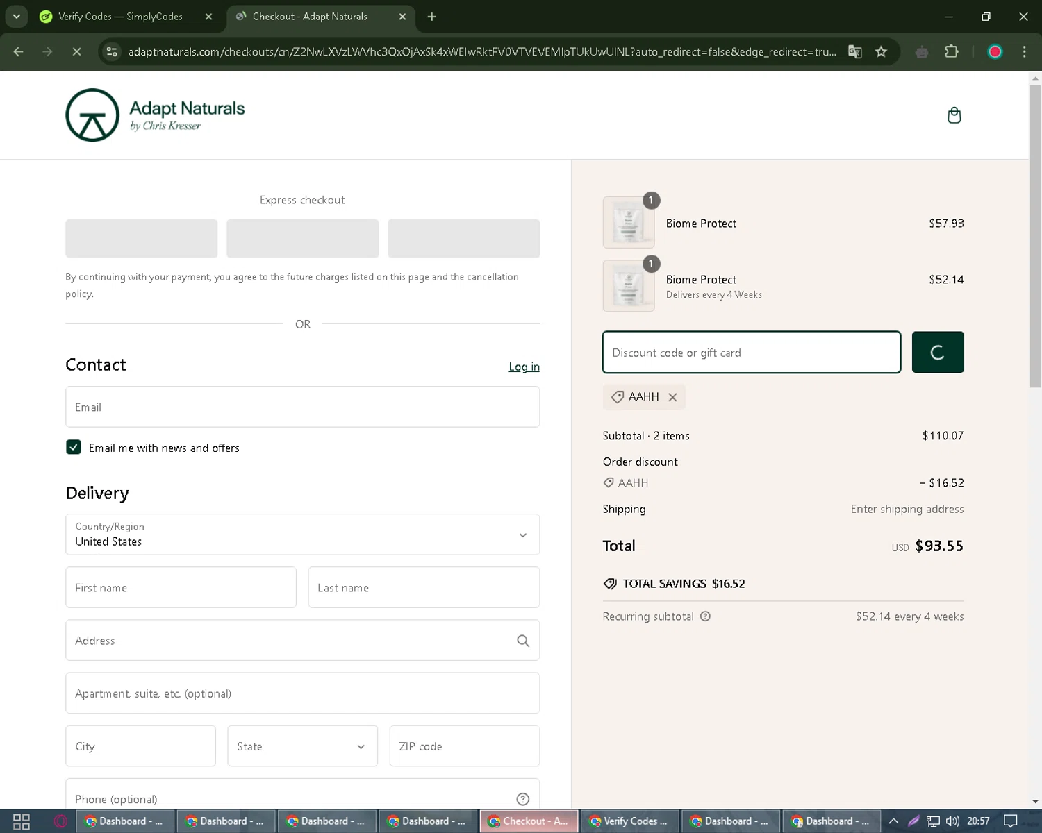 Adapt Naturals checkout page showing Adapt Naturals discount code box | Screenshot taken by SimplyCodes community member on Feb 26, 2025