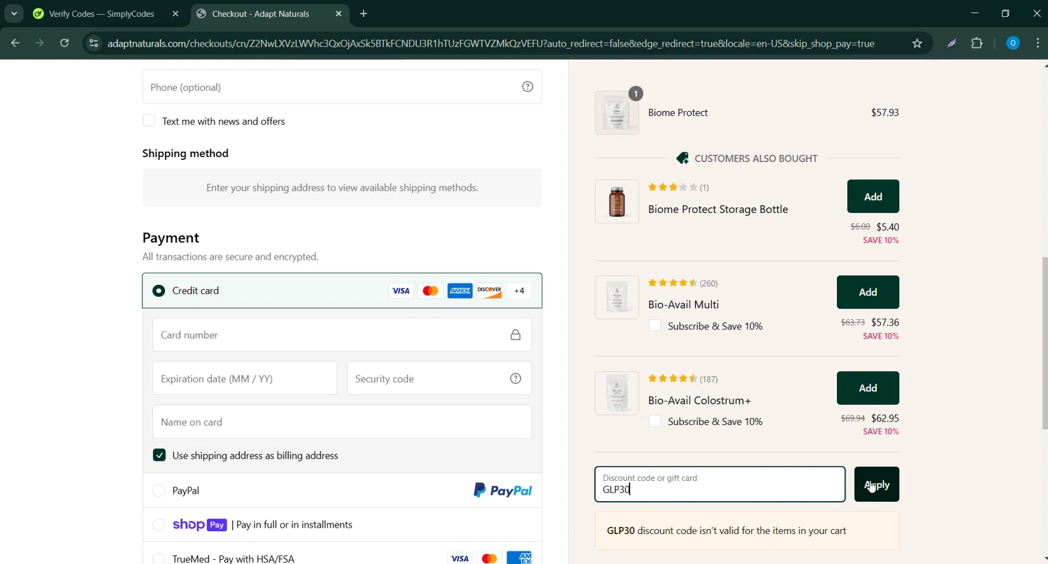 Adapt Naturals checkout page showing Adapt Naturals discount code box | Screenshot taken by SimplyCodes community member on Mar 2, 2025