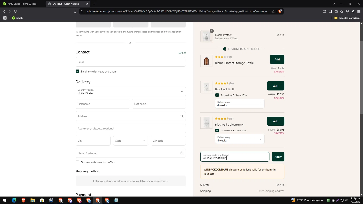 Adapt Naturals checkout page showing Adapt Naturals discount code box | Screenshot taken by SimplyCodes community member on Mar 5, 2025