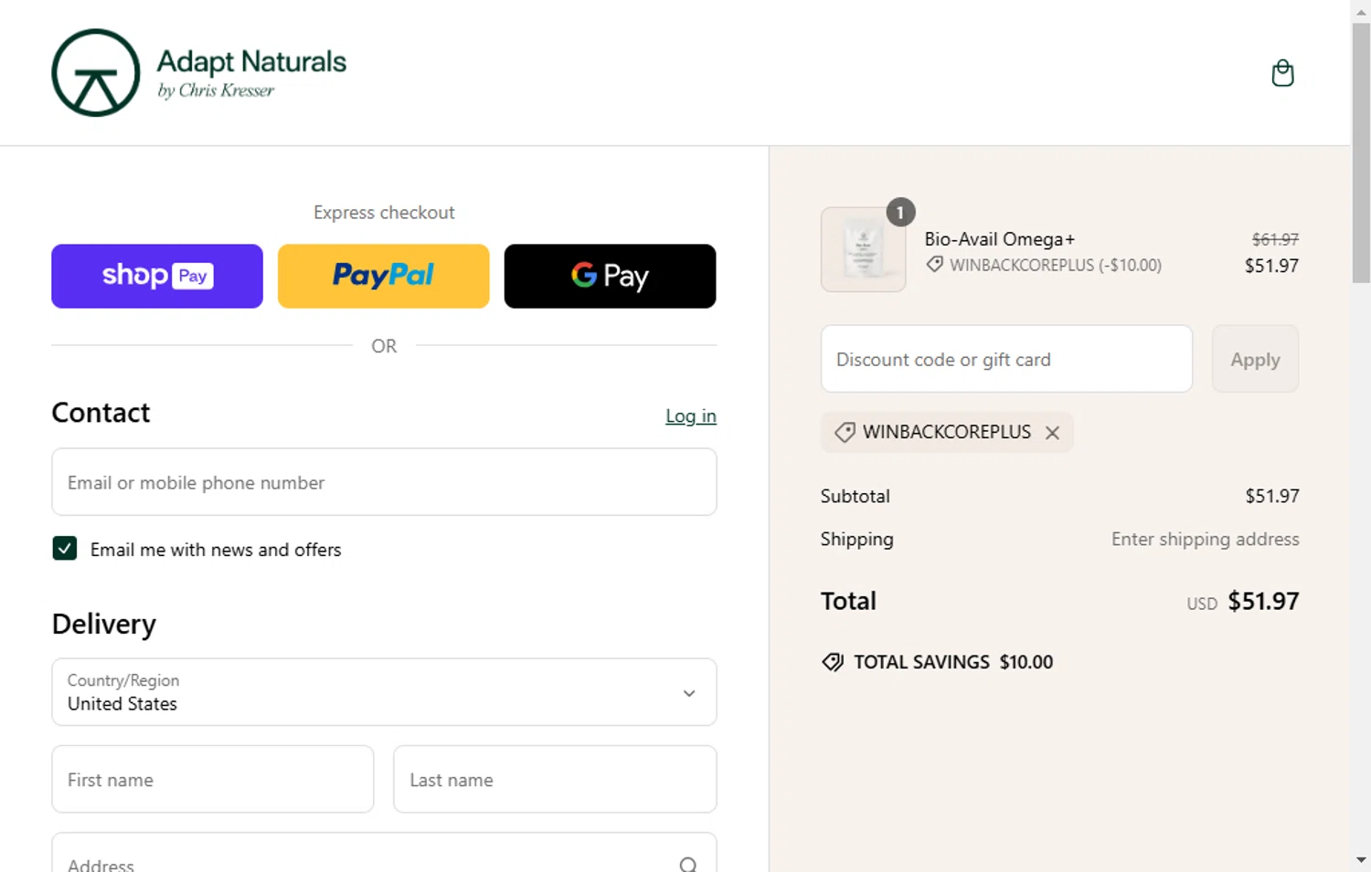 Adapt Naturals checkout page showing Adapt Naturals discount code box | Screenshot taken by SimplyCodes community member on Mar 5, 2025