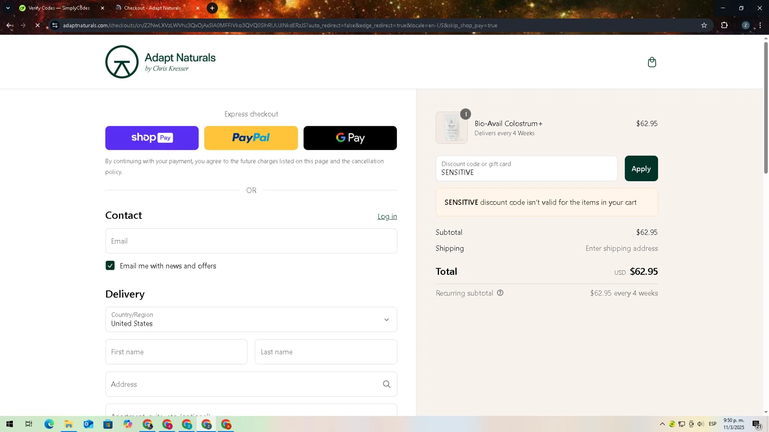 Adapt Naturals checkout page showing Adapt Naturals discount code box | Screenshot taken by SimplyCodes community member on Mar 12, 2025