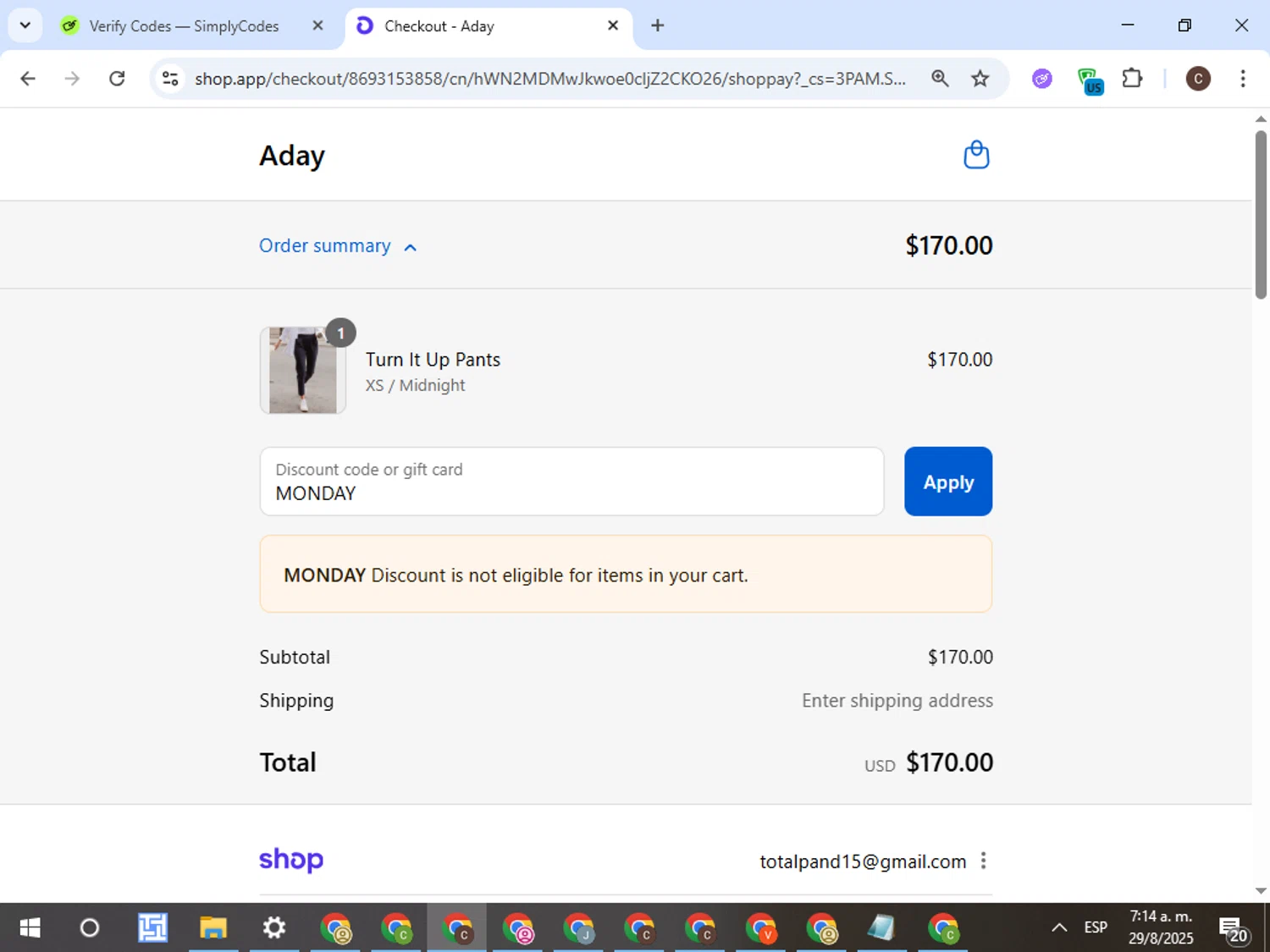 ADAY discount code screenshot showing code MONDAY applied at ADAY checkout page. Uploaded by SimplyCodes community member TreasureFox8596 on Aug 29, 2025