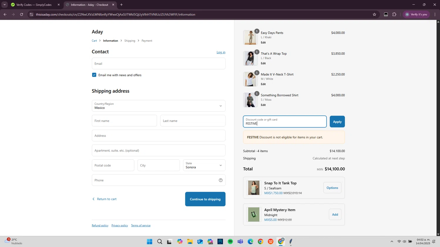 ADAY discount code screenshot showing code FESTIVE applied at ADAY checkout page. Uploaded by SimplyCodes community member VictoriousVoyager896 on Apr 14, 2025