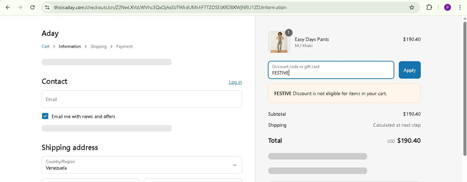 ADAY discount code screenshot showing code FESTIVE applied at ADAY checkout page. Uploaded by SimplyCodes community member TreasureMaverick5280 on Apr 14, 2025