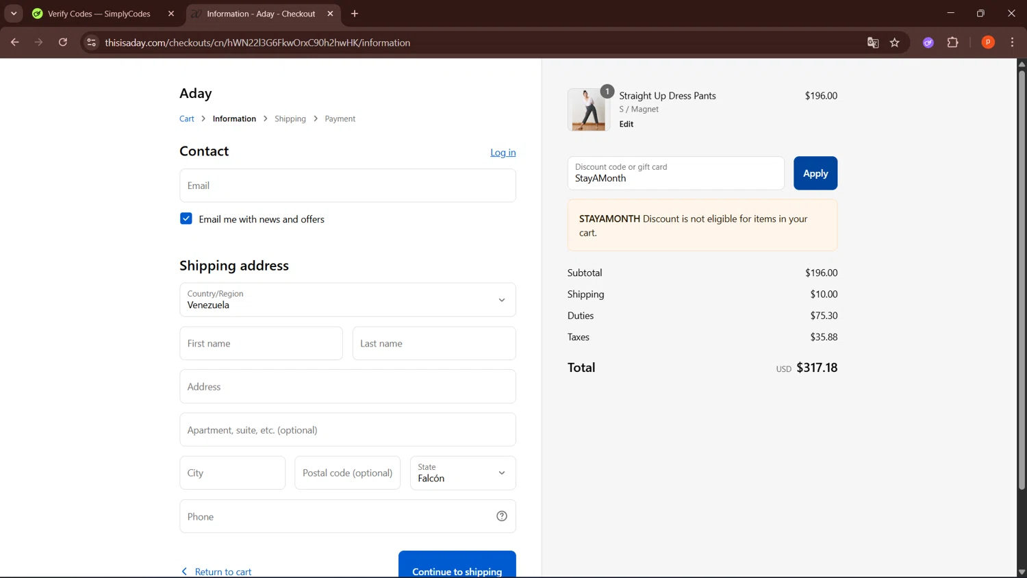 ADAY discount code screenshot showing code StayAMonth applied at ADAY checkout page. Uploaded by SimplyCodes community member LegendaryPro3698 on Aug 21, 2025