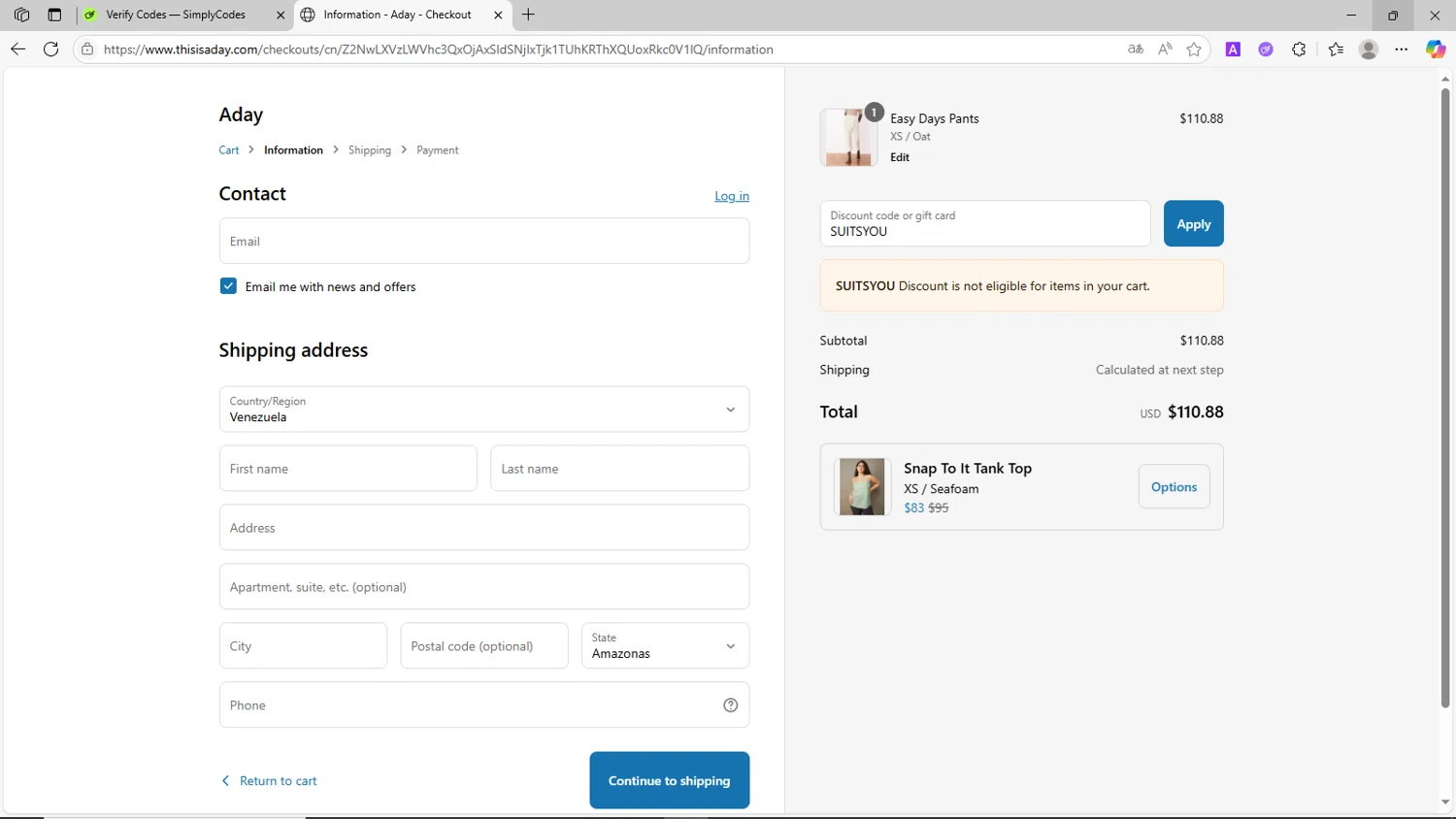 ADAY discount code screenshot showing code SUITSYOU applied at ADAY checkout page. Uploaded by SimplyCodes community member CrownShopper2899 on Jun 2, 2025