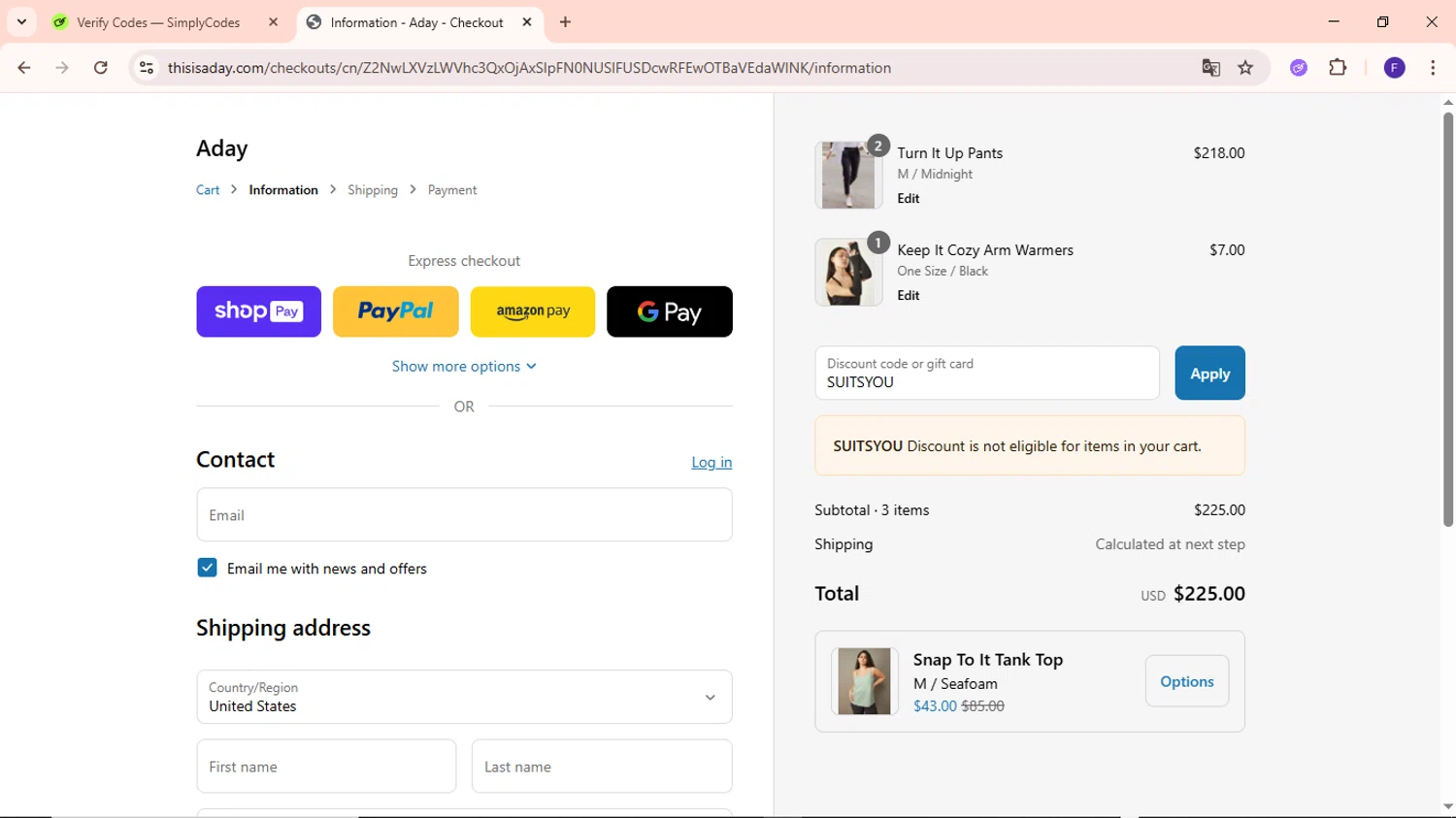 ADAY discount code screenshot showing code SUITSYOU applied at ADAY checkout page. Uploaded by SimplyCodes community member MightyCaptain635 on Jul 5, 2025
