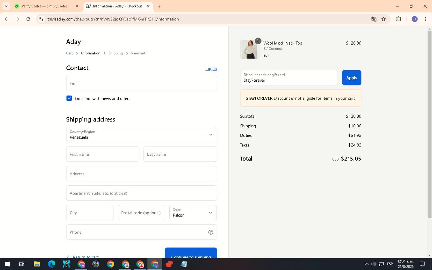 ADAY discount code screenshot showing code StayForever applied at ADAY checkout page. Uploaded by SimplyCodes community member PennyCurator6489 on Aug 21, 2025