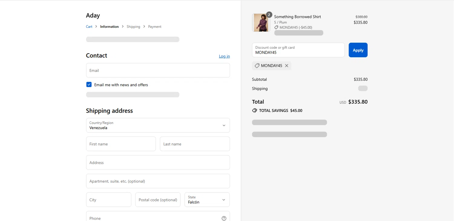 ADAY discount code screenshot showing code MONDAY45 applied at ADAY checkout page. Uploaded by SimplyCodes community member Wolffire on Aug 21, 2025