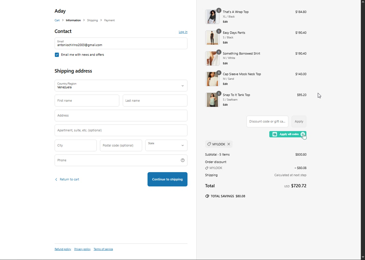 ADAY discount code screenshot showing code mylook applied at ADAY checkout page. Uploaded by SimplyCodes community member Doomslayer on Jun 22, 2025