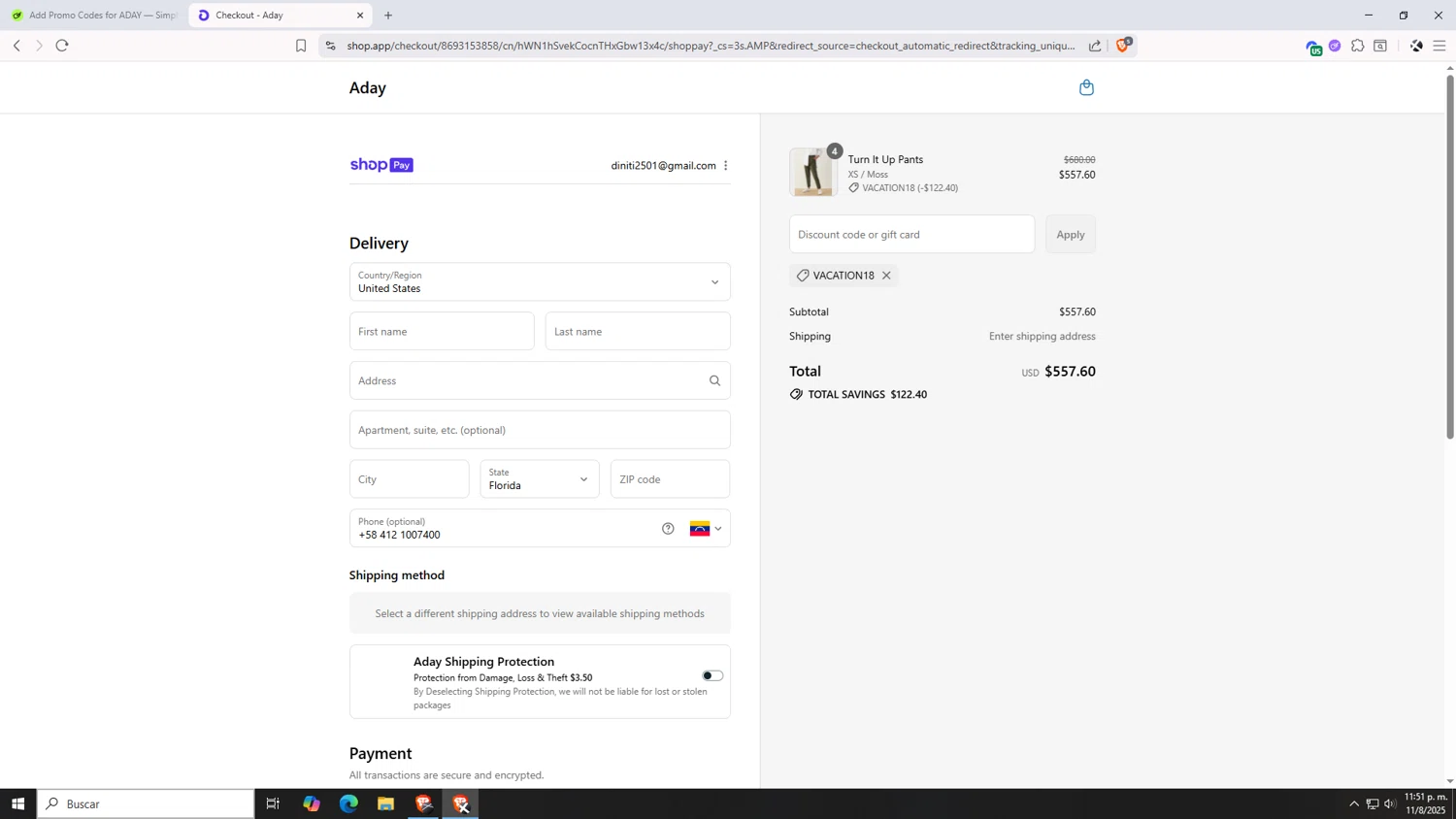 ADAY discount code screenshot showing code VACATION18 applied at ADAY checkout page. Uploaded by SimplyCodes community member VictoriousDefender7352 on Aug 12, 2025