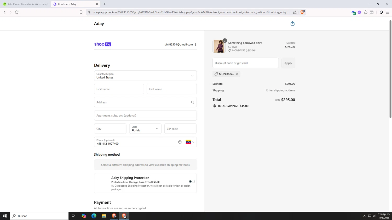 ADAY discount code screenshot showing code MONDAY45 applied at ADAY checkout page. Uploaded by SimplyCodes community member VictoriousDefender7352 on Aug 12, 2025