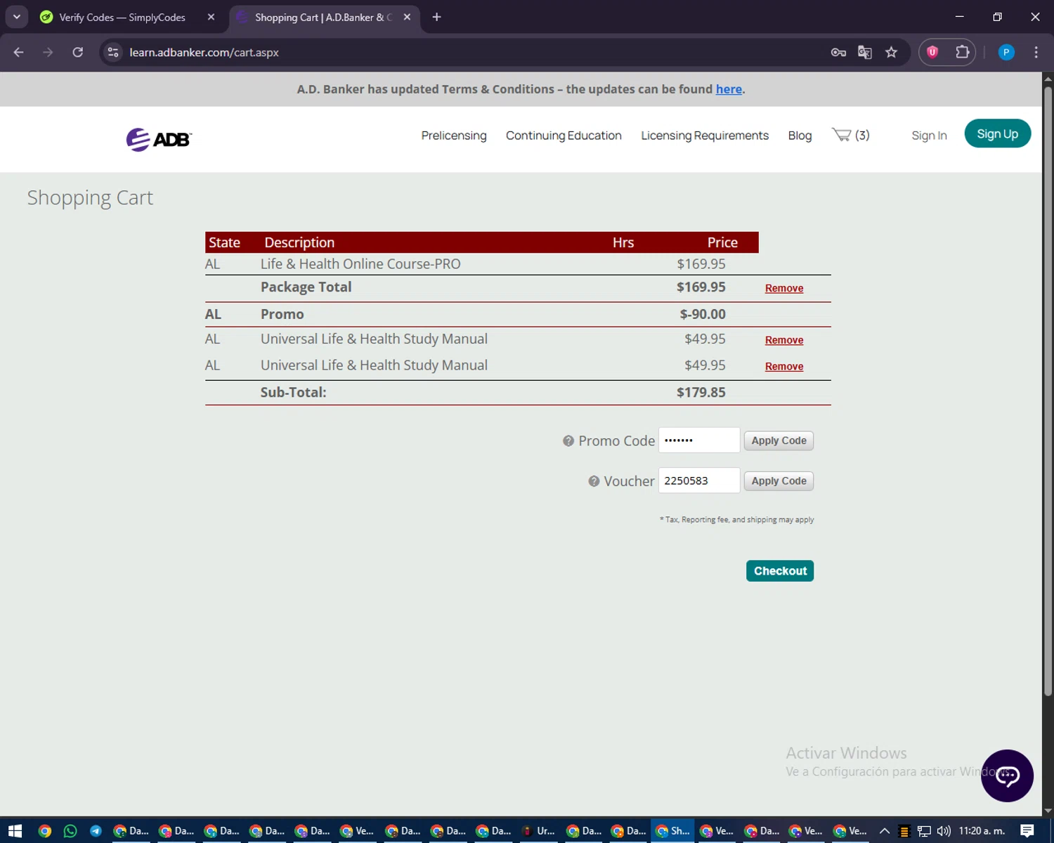 A.D. Banker promo code screenshot showing code 2250583 applied at A.D. Banker checkout page. Uploaded by SimplyCodes community member juiceWRLD on Sep 11, 2025