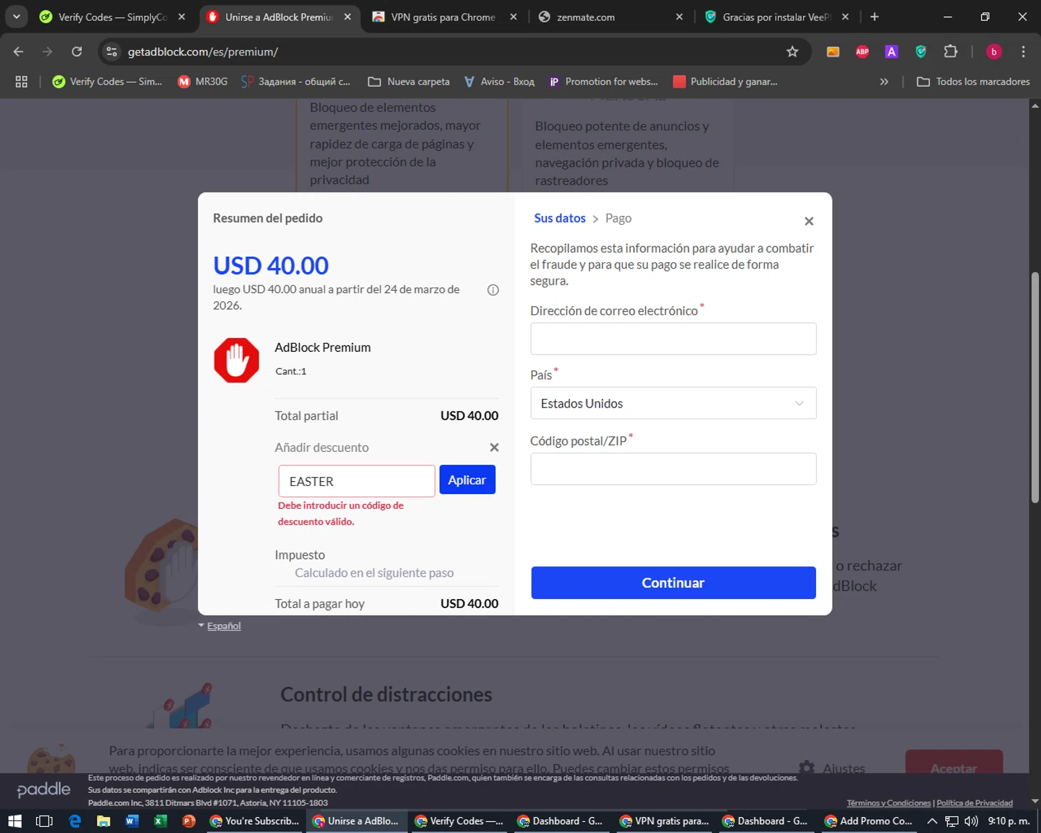 AdBlock discount code screenshot showing code EASTER applied at AdBlock checkout page. Uploaded by SimplyCodes community member BeaMartinez on Mar 25, 2025