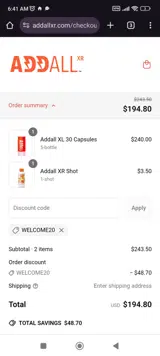 WELCOME20 coupon verification screenshot