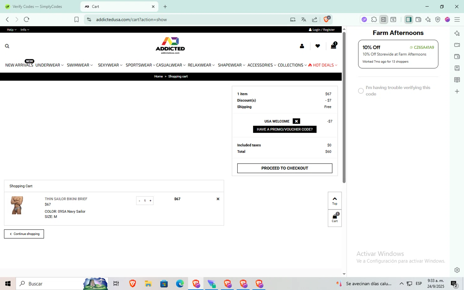 ADDICTED discount code screenshot showing code USA10 applied at ADDICTED checkout page. Uploaded by SimplyCodes community member aaaaaaaaaaaaaaa on Sep 24, 2025