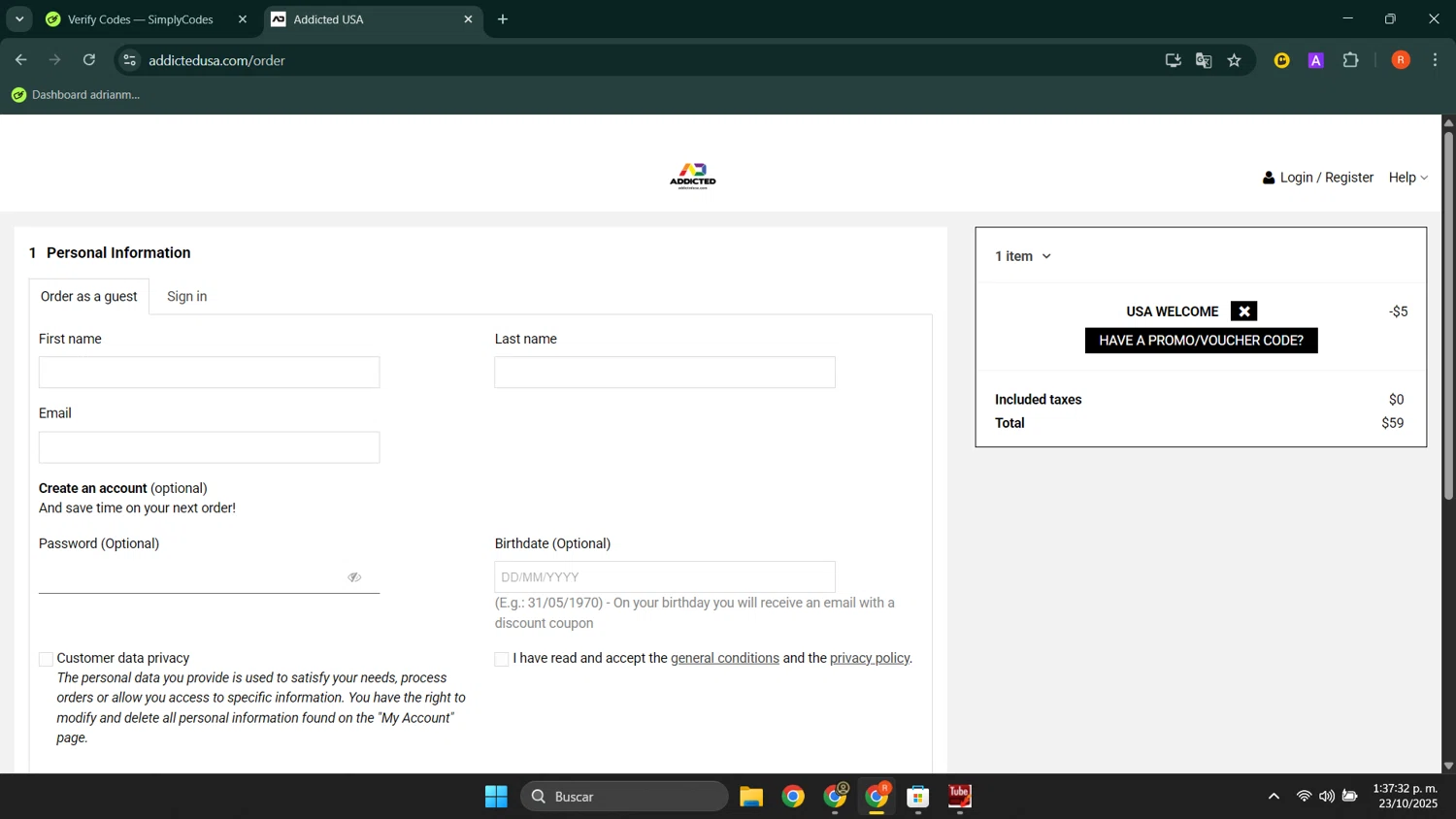 ADDICTED discount code screenshot showing code USA10 applied at ADDICTED checkout page. Uploaded by SimplyCodes community member LuckyShopper9694 on Oct 23, 2025